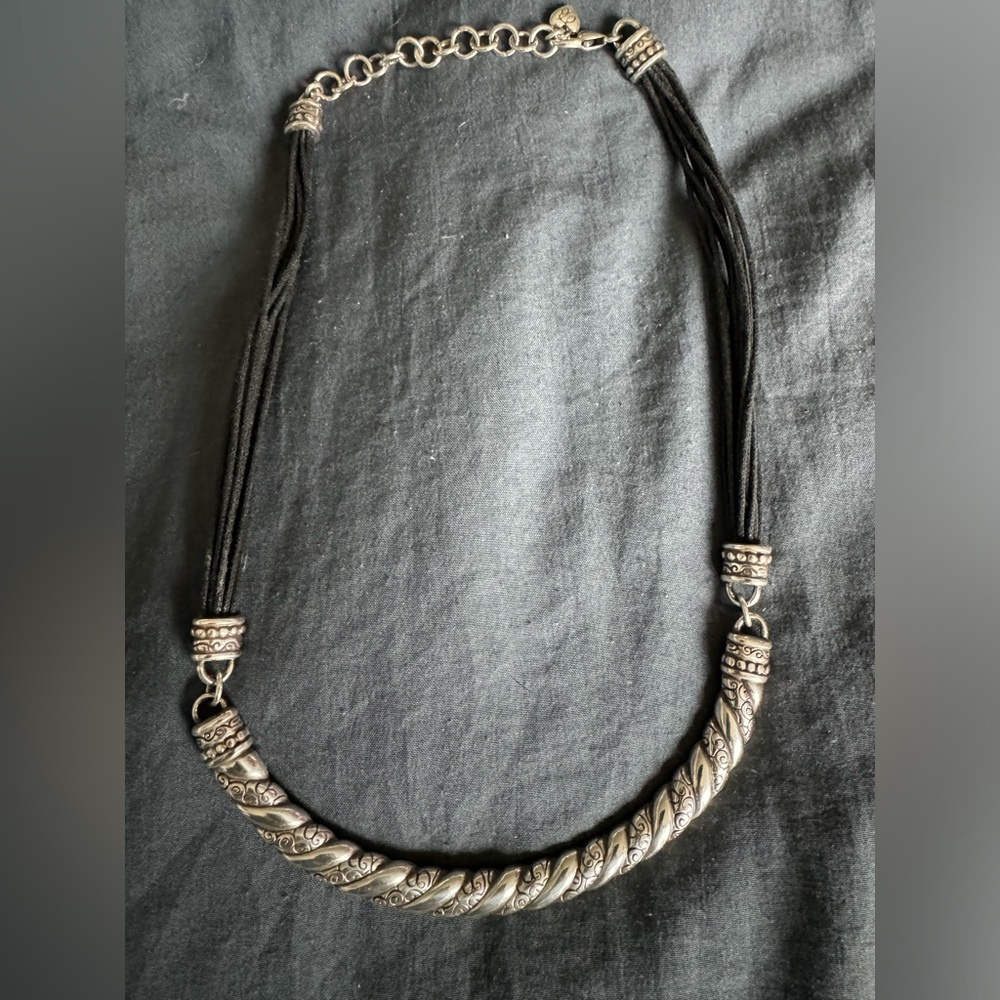 BRIGHTON Black Multiple Cords Silver Toned Curved Slide Choker Necklace
